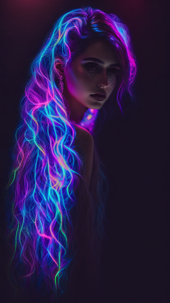 Neon glowing blue and pink hair on woman in dark background