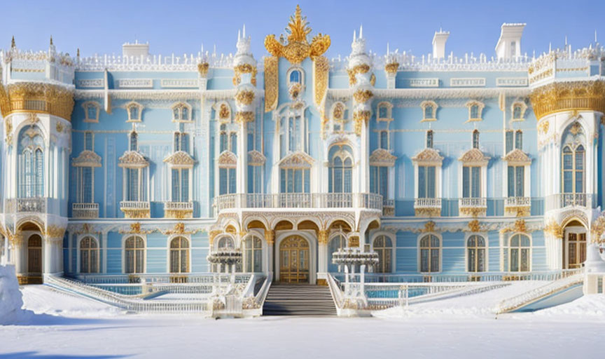 Blue and White Palace with Gold Detailing and Grand Staircase