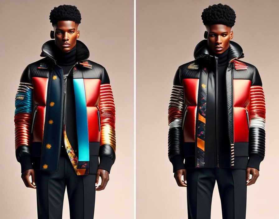 Male Model in Stylish Black Puffer Jacket with Colorful Graphic Designs