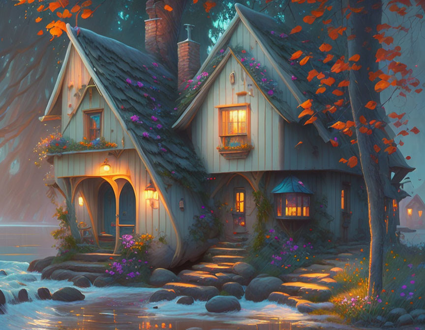 Cozy cottage in forest with stream and autumn leaves