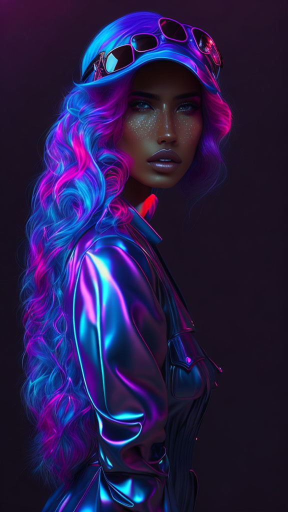 Vibrant purple and blue hair digital art portrait of a woman in futuristic attire