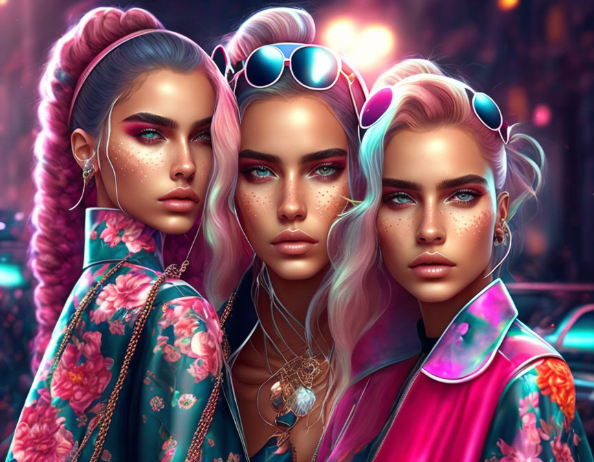 Vibrant makeup and floral patterns on stylized women in neon-lit setting