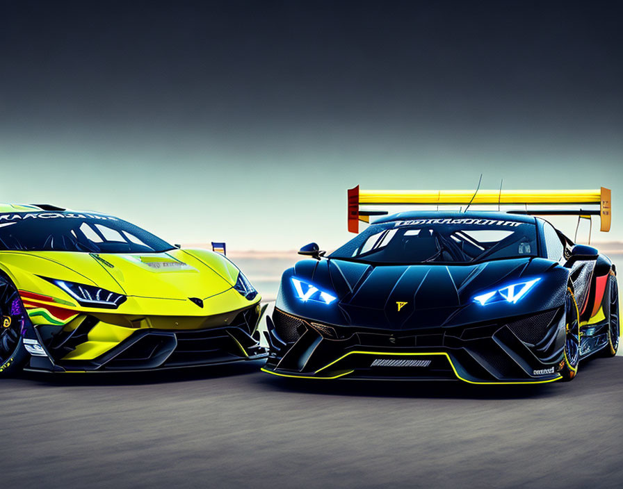 Two vibrant Lamborghini sports cars parked side-by-side at dusk