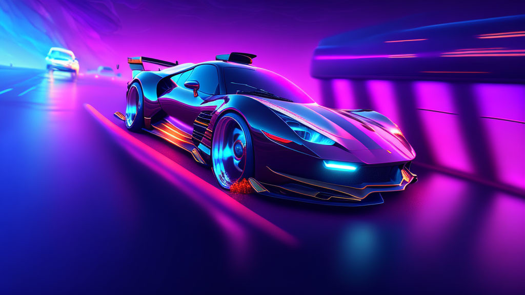 Glowing futuristic sports car speeds through neon-lit cityscape