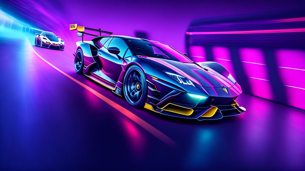 Colorful Stylized Race Scene with Lamborghini Leading on Neon-Lit Track