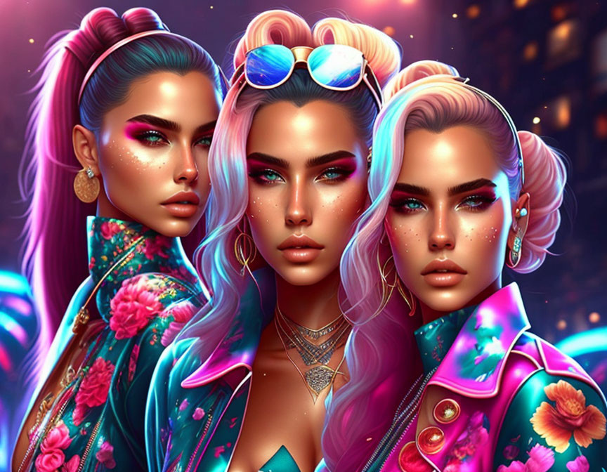 Vibrant makeup and floral jackets in digital illustration