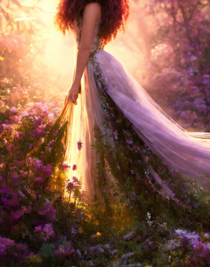 Woman in flowing gown surrounded by vibrant flowers and dreamlike light glow.