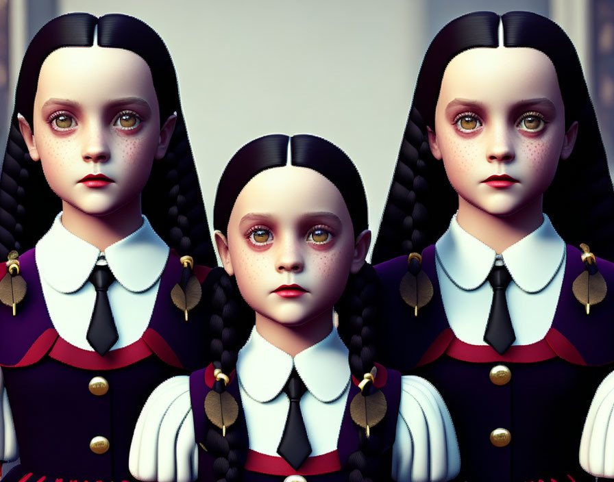 Three identical animated dolls in vintage school uniforms with pale skin and dark braided hair.