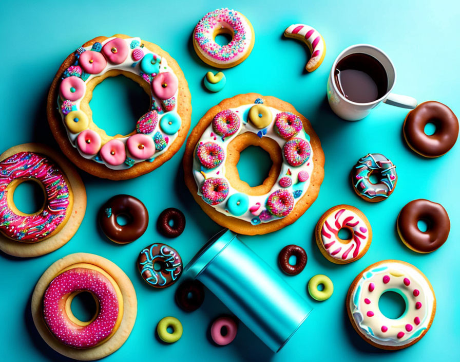 Assorted colorful donuts and candies on blue background with coffee cup and spilled milk container