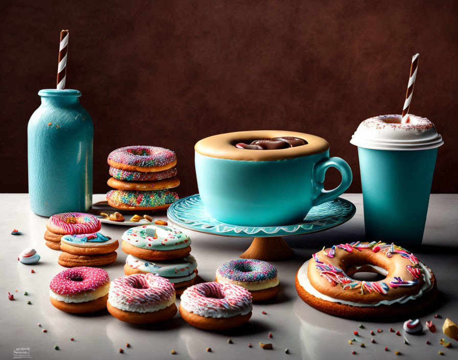 Assortment of Colorful Sprinkled Donuts with Coffee Cup on Dark Surface