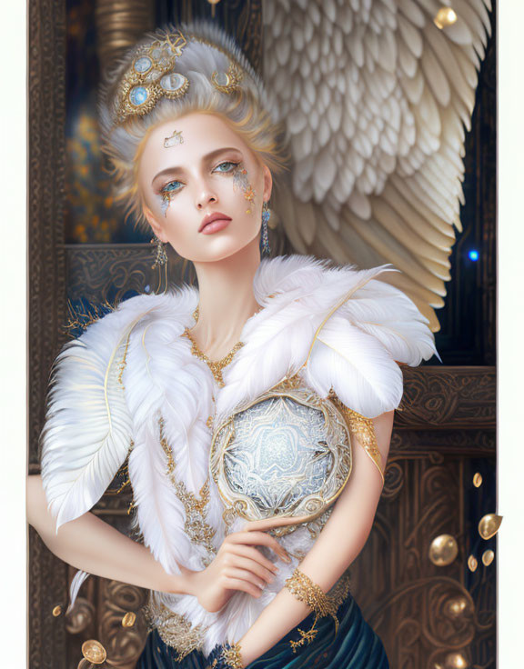 Regal woman with angelic wings and bejeweled crown in white feathery outfit