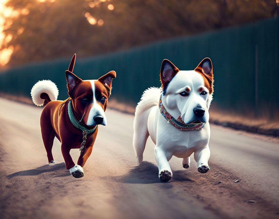 Two Collared Dogs Running Together on Sunlit Road with Fence