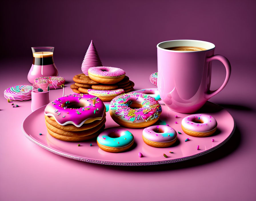 Colorful Donuts, Pink Coffee Cup, Milk Carafe on Purple Background