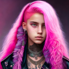 Colorful digital portrait of a person with pink hair, purple makeup, piercings, and neck