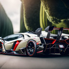 Sleek black and orange Lamborghini sports car with large rear wing parked in blurred green background