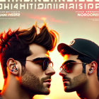 Stylized image of man with hair, beard, sunglasses, earring, mirrored reflection