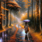 Person walking under umbrella in mystical forest with oversized mushrooms and autumnal trees