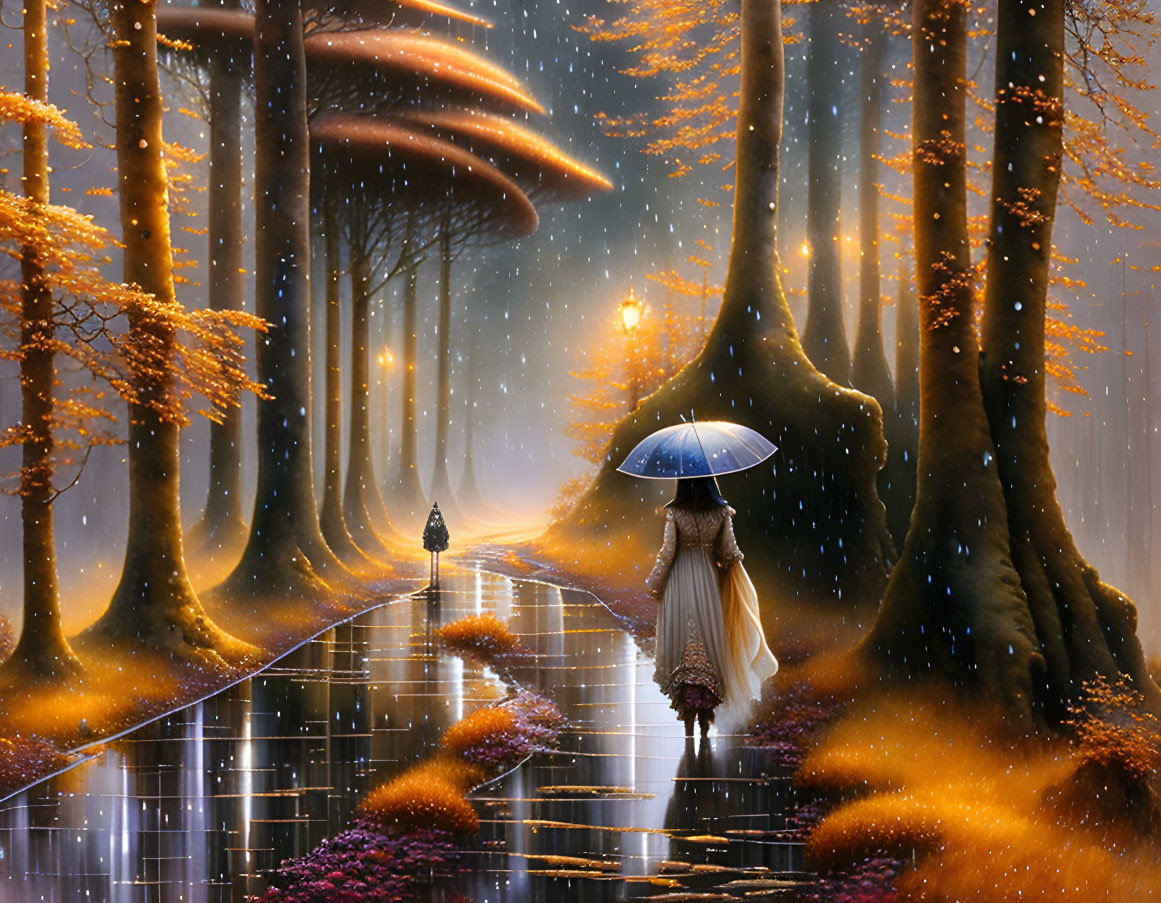 Person walking under umbrella in mystical forest with oversized mushrooms and autumnal trees