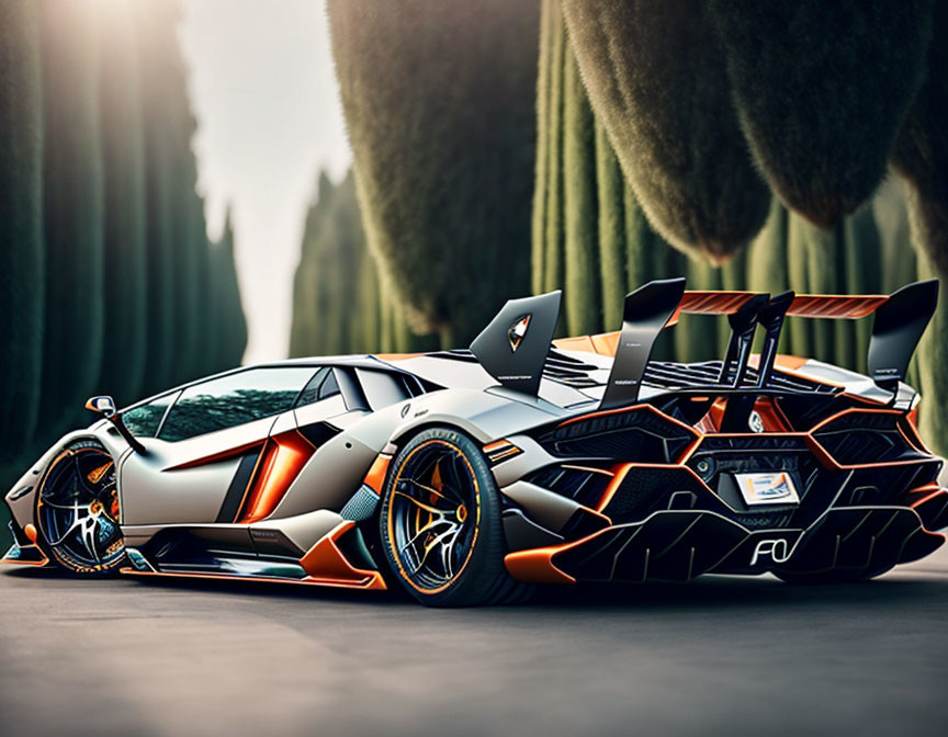 Sleek black and orange Lamborghini sports car with large rear wing parked in blurred green background