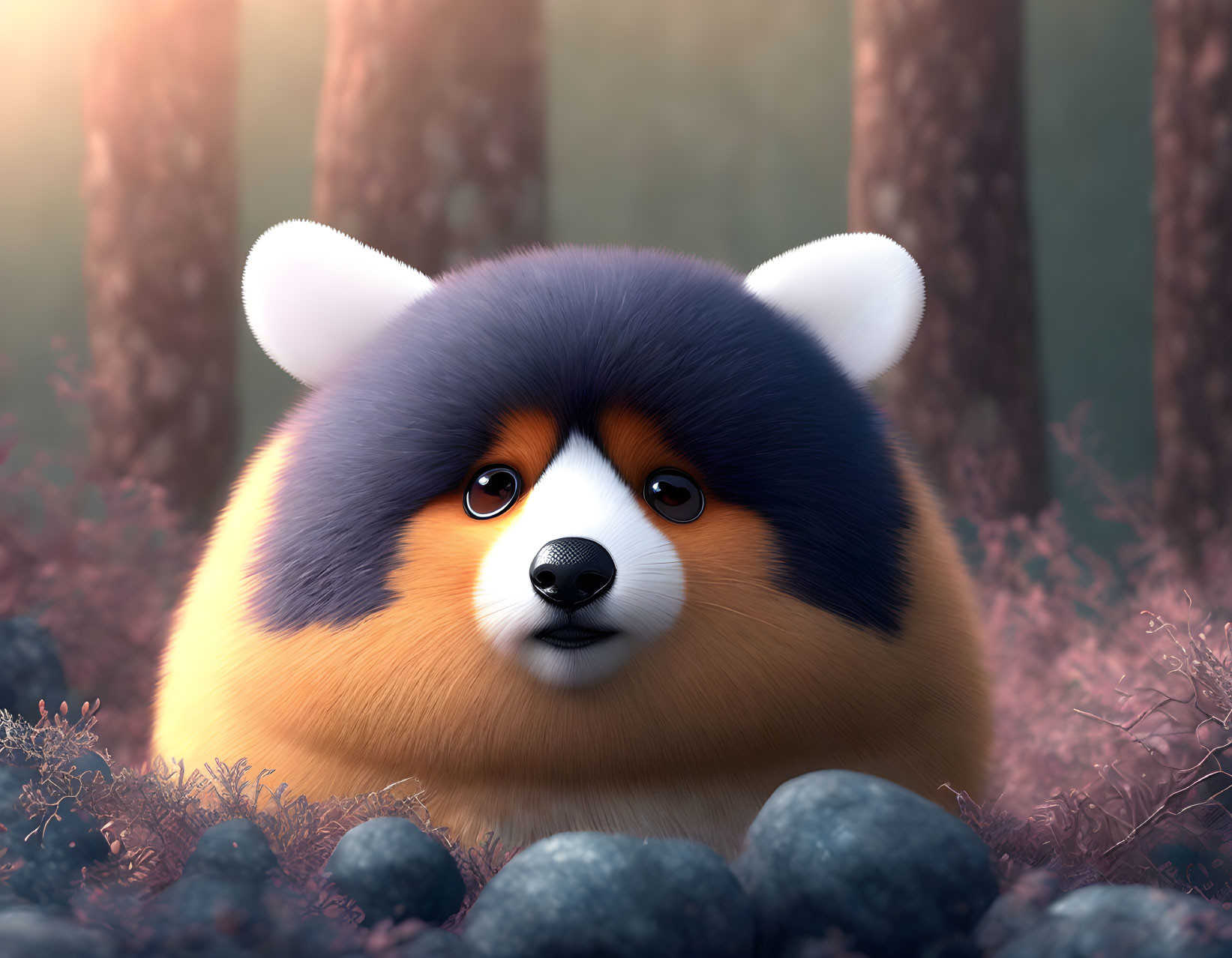 Fluffy round creature with fox-like face in mystical forest