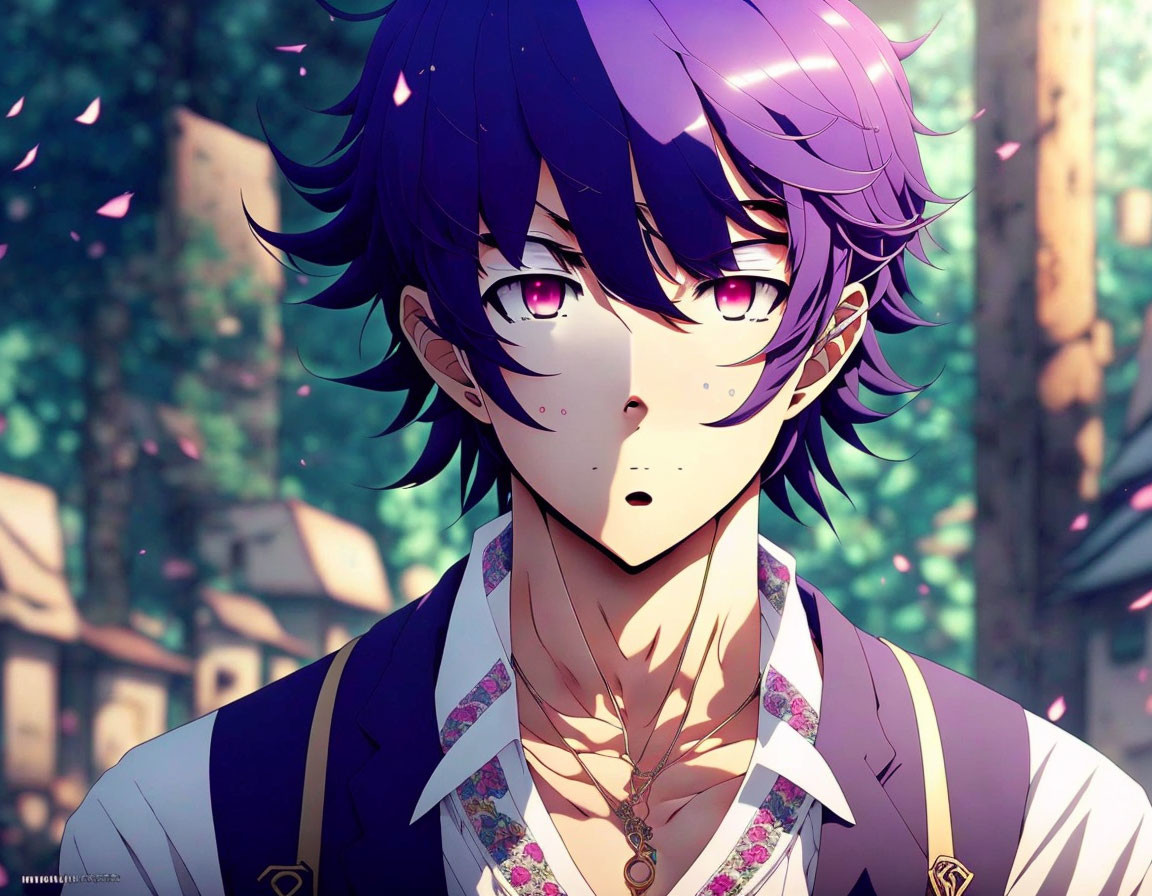 Purple-haired male character in white shirt and black vest among trees and petals