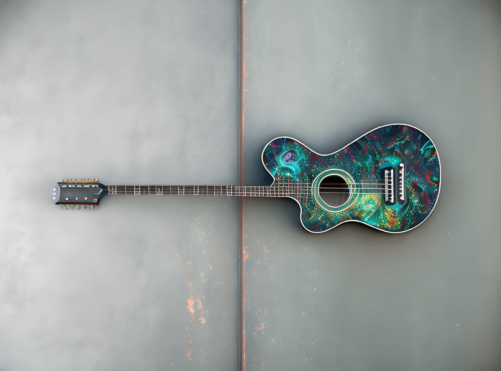 Colorful Abstract Design Guitar on Textured Grey Surface