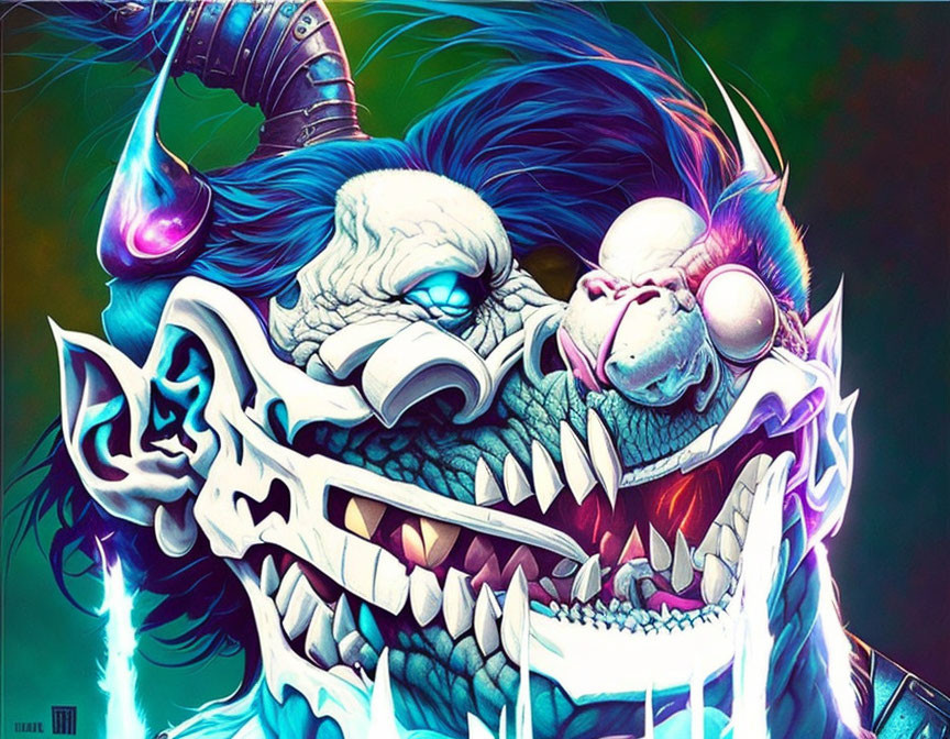 Colorful Digital Art: Monstrous Creature with Multiple Faces and Sharp Teeth