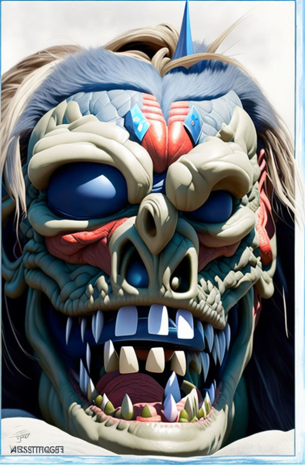 Detailed illustration of character with blue skin, exaggerated features, and face paint