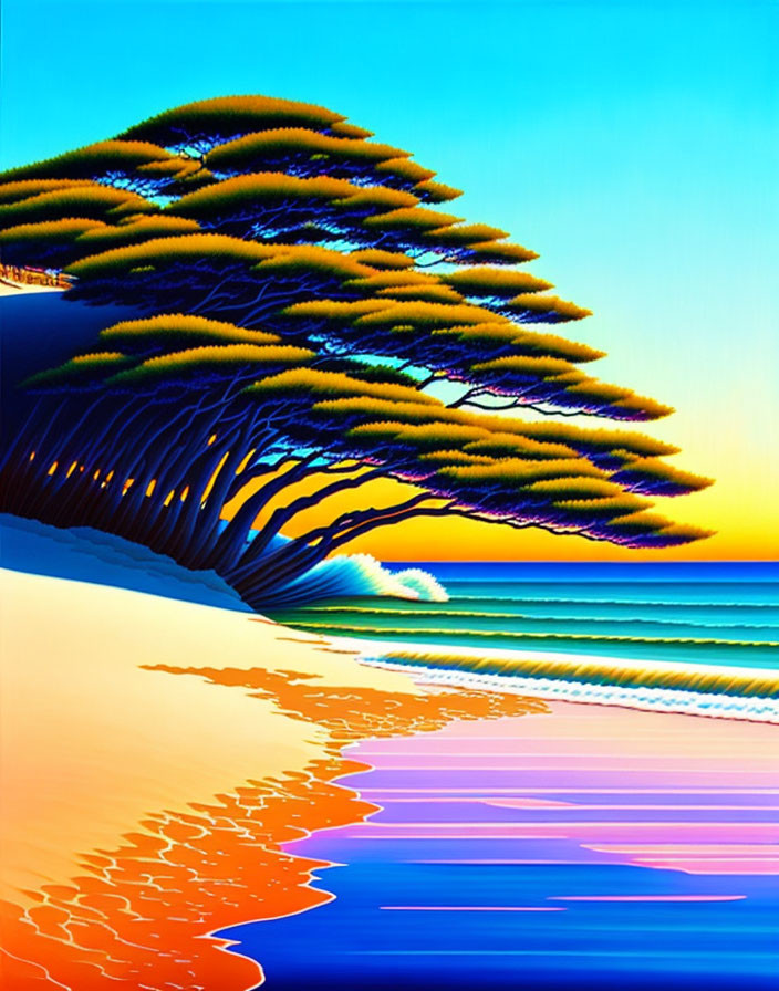 Colorful surreal sunset digital artwork with bending palm trees