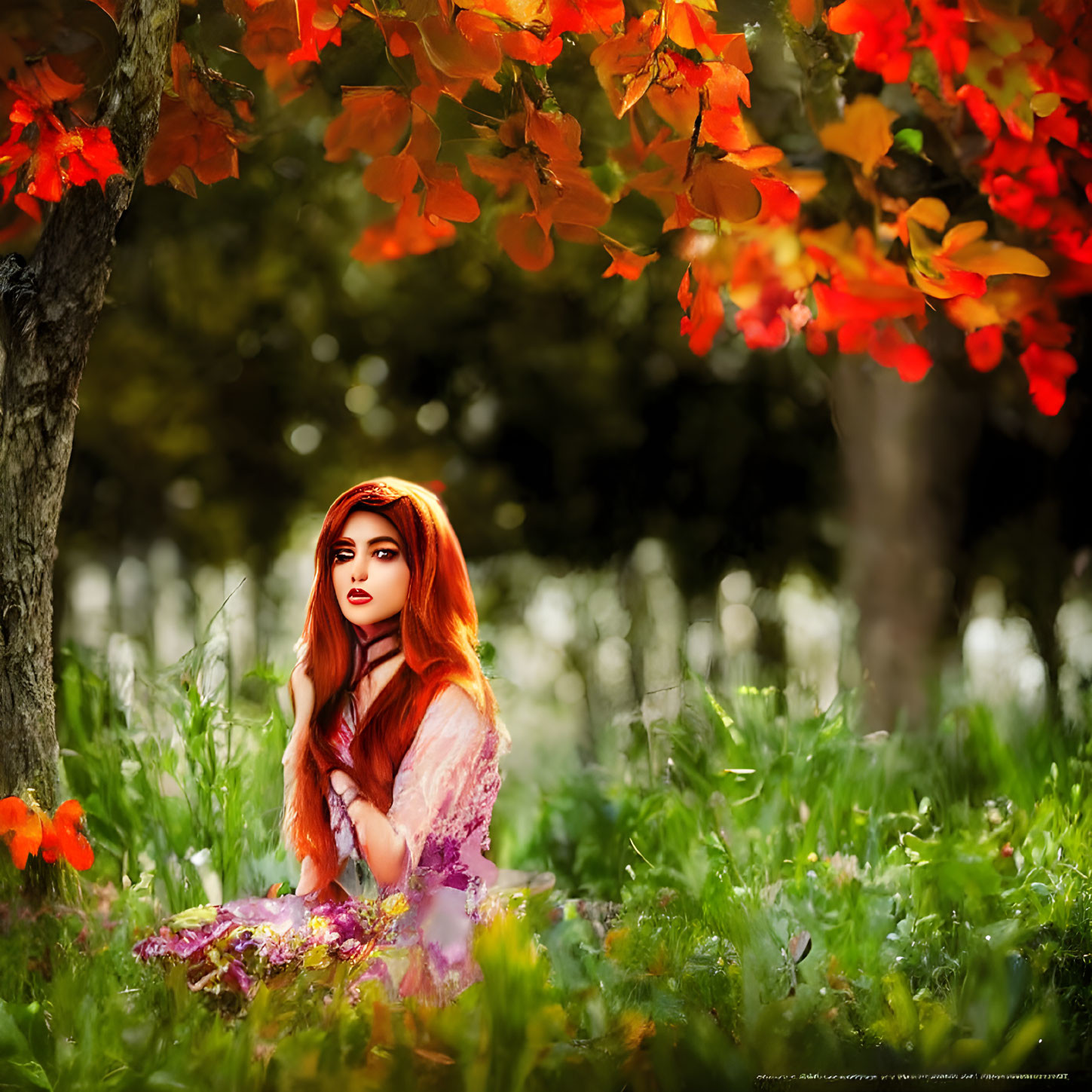 Red-haired woman in sunlit autumn grove with thoughtful gaze.