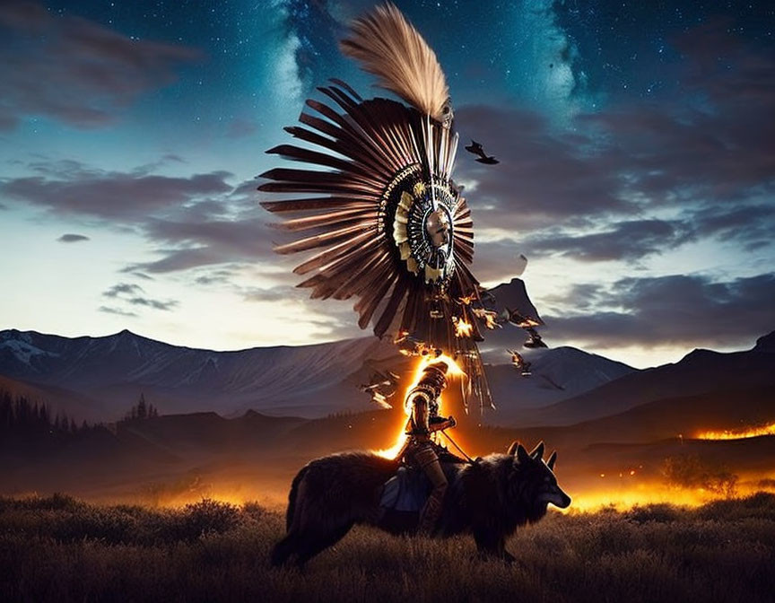 Native American Chief on Horseback Under Starry Sky with Mountains