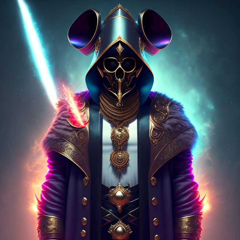 Character in ornate armor with glowing elements in vibrant digital artwork