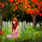 Red-haired woman in sunlit autumn grove with thoughtful gaze.