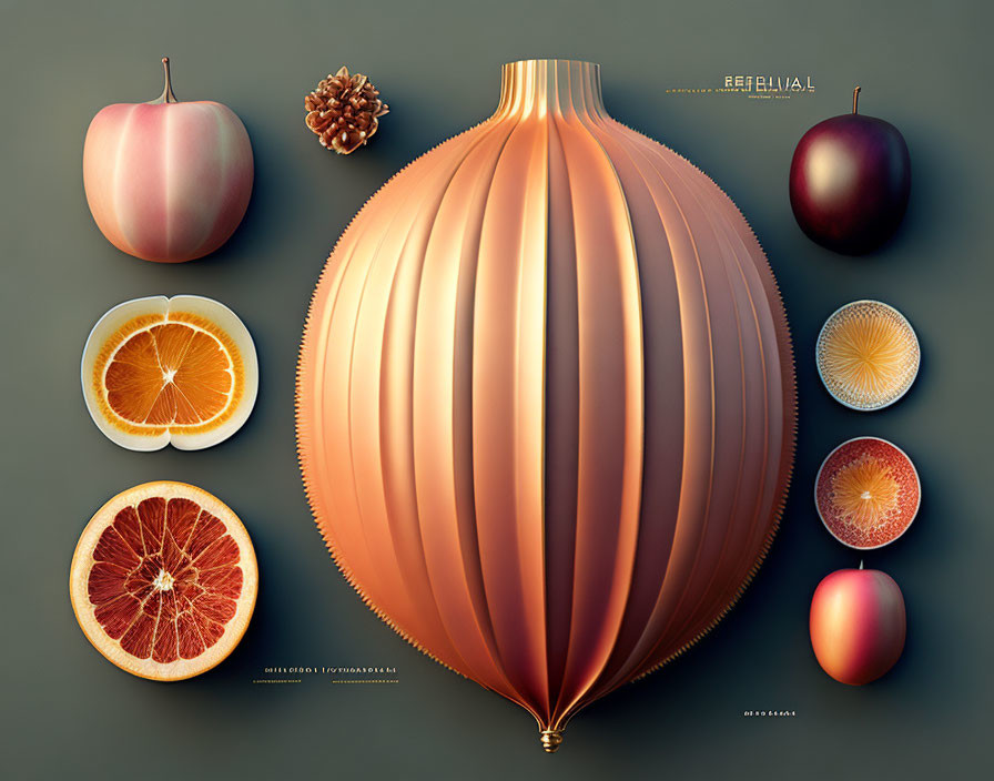 Stylized peach centerpiece in fruit arrangement on neutral background