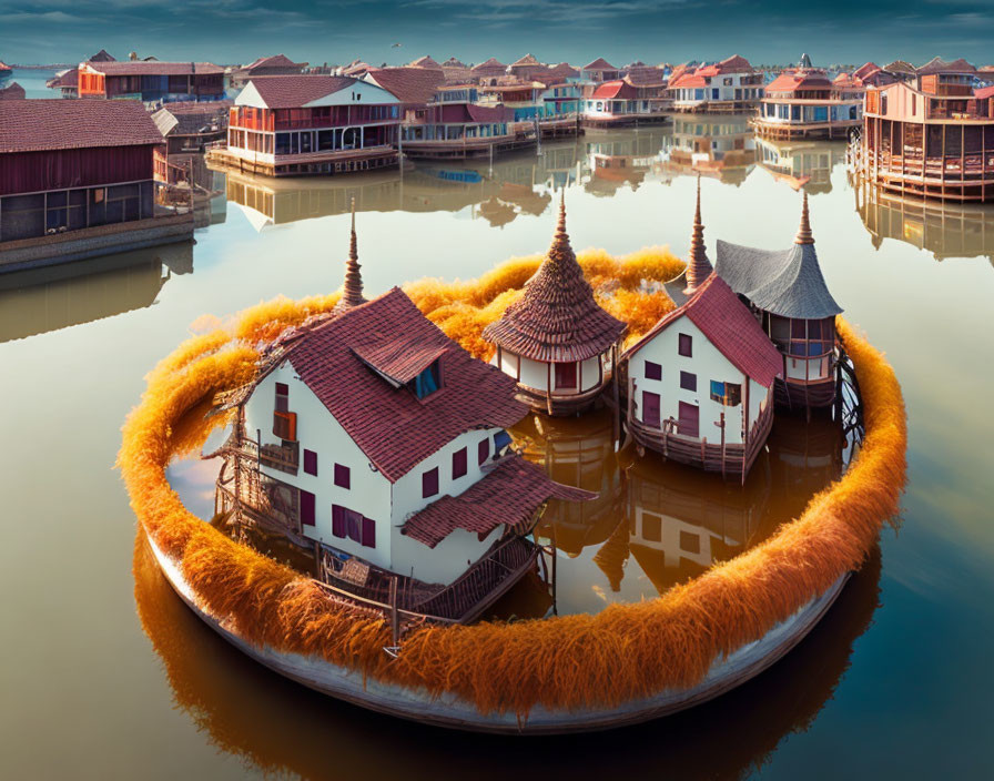 Stilted traditional houses in water with ornate roofs and circular island.