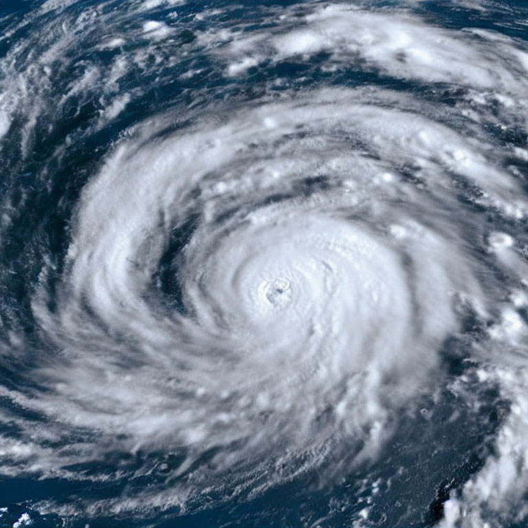 Swirling pattern of massive hurricane with well-defined eye