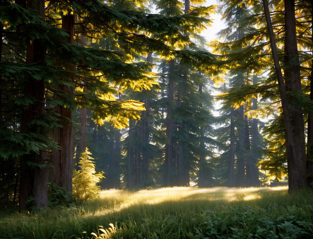 Dense Forest Clearing with Sunlight Illuminating Foliage