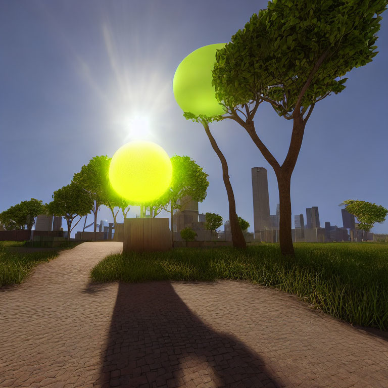 Digital rendering of glowing tree park with city skyline under bright sun
