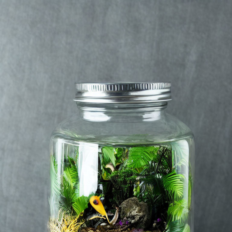 Miniature Ecosystem in Glass Jar with Yellow Bird on Gray Background