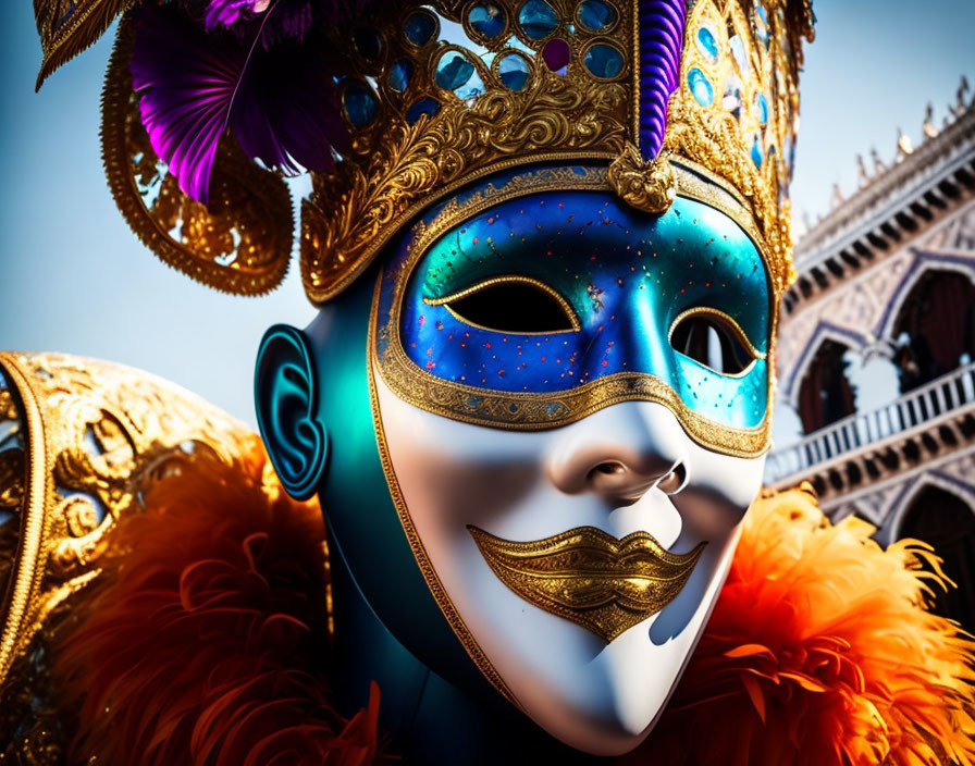 Ornate Venetian mask with gold, blue decorations & feathers