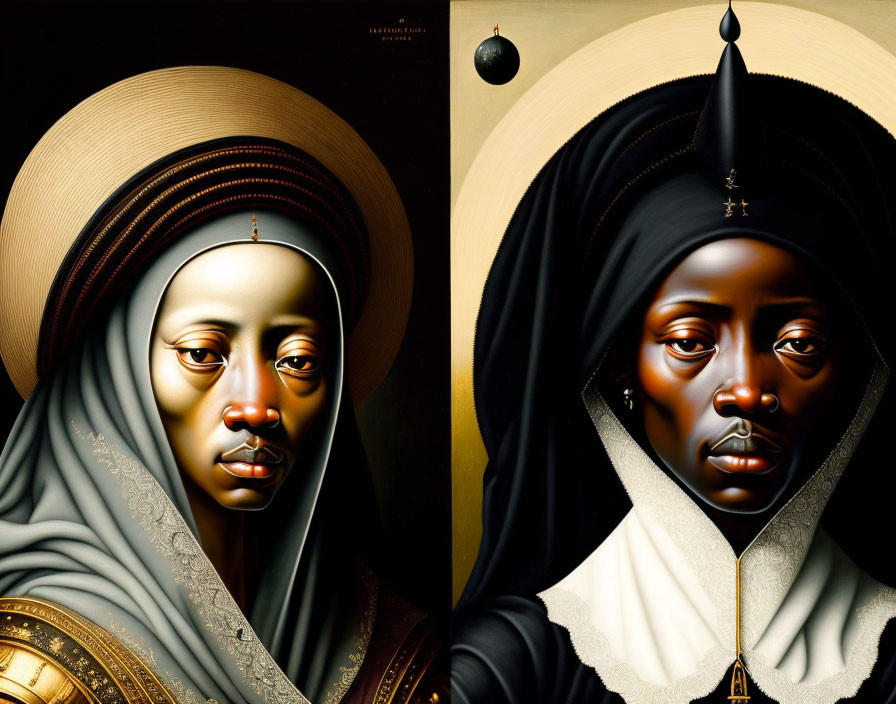 Stylized portraits of individuals with golden halos, light and dark complexions, intricate garments,