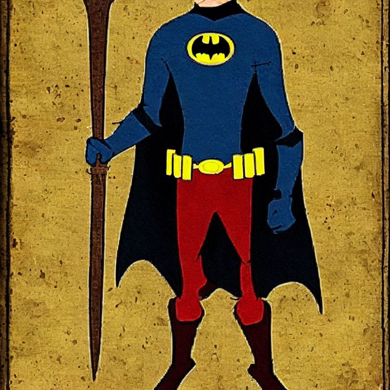 Vintage-Style Batman Character with Spear on Textured Yellow Background