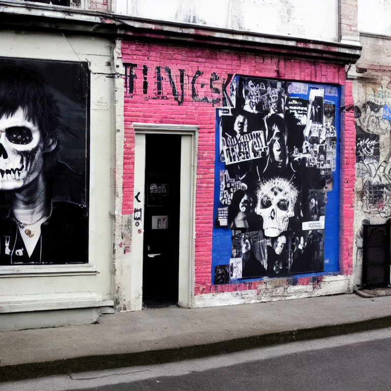 Building exterior adorned with punk graffiti and posters on pink walls, black-barred door and window