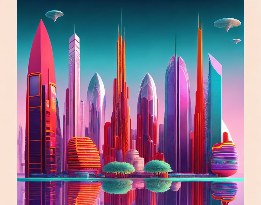 Futuristic cityscape with sleek skyscrapers and floating structures.