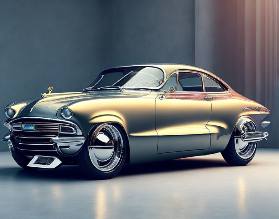Futuristic retro-designed vehicle with chrome details and smooth curves