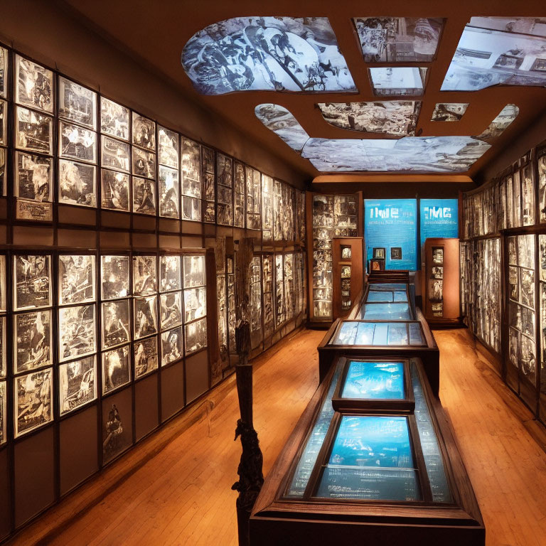 Dimly Lit Museum Gallery with Backlit Photographs and Artifacts Displayed