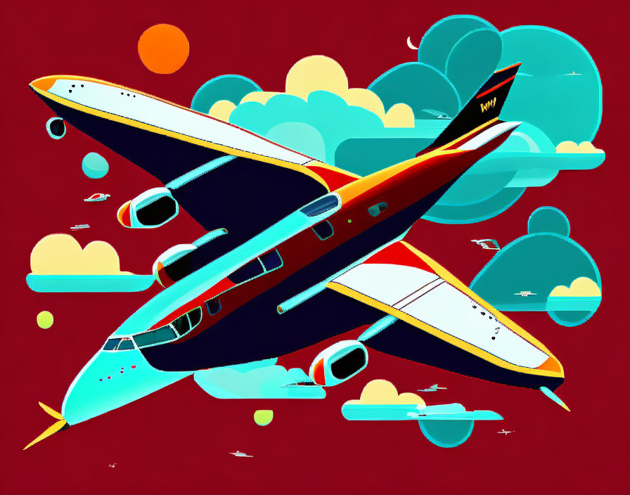 Vibrant airplane flying high with stylized clouds and sun.