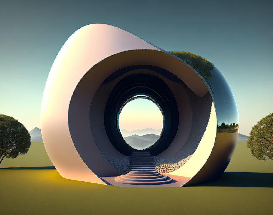 Surreal image: Circular arches lead to mountain landscape at sunset