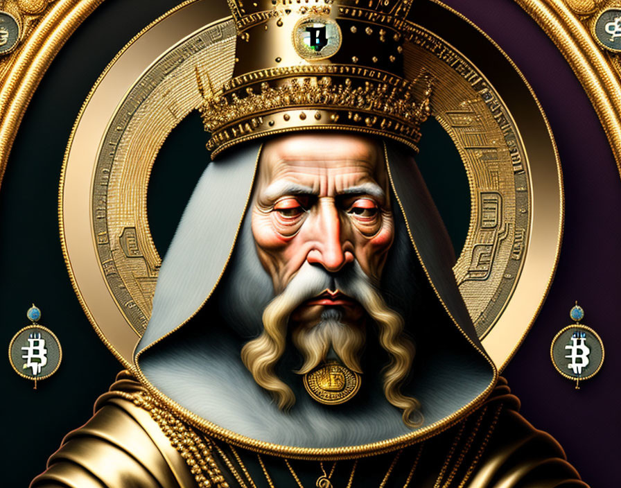 Digital artwork: Person in regal attire with crown and Bitcoin symbols.