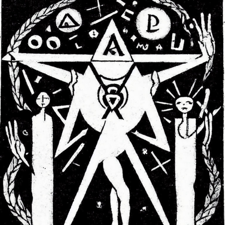 Monochrome illustration with central figure, symbolic emblems, geometric shapes